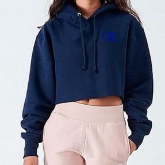 EUC Champion Cropped Navy Blue Script Hoodie XS - Picture 1 of 8